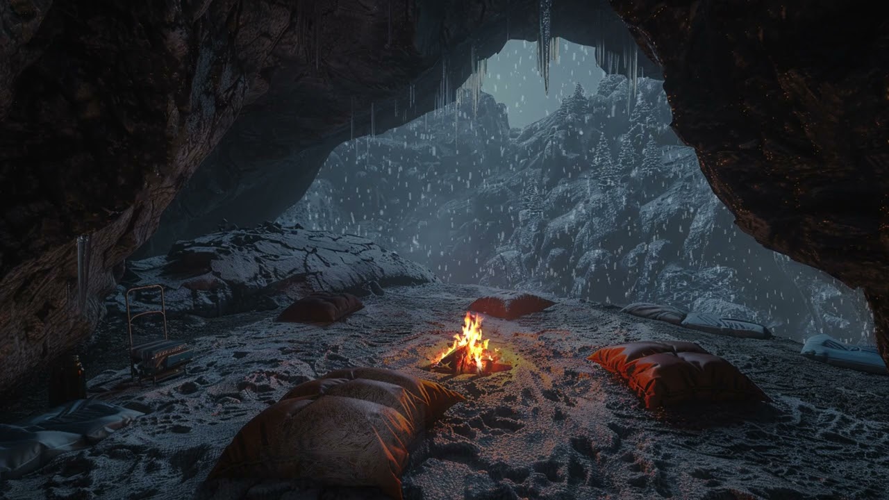 Relax in a cozy winter cave with a roaring fire | Winter atmosphere with blizzard and howling wind