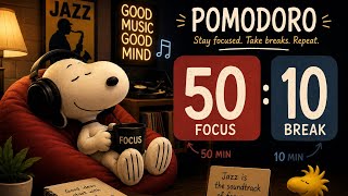 Snoopy Jazz Pomodoro Timer | 50 Min Focus, 10 Min Break | 8 Hours