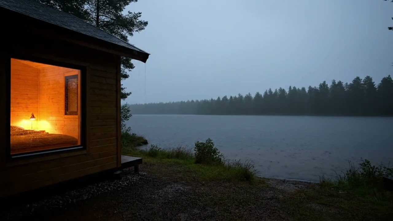 Gentle Rain by the Cozy Lakeside Cabin for Deep Sleep & Relaxation with Soft Thunder (10 Hours)