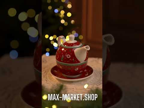 Порцеляновий чайник для заварювання 500 мл і чашка з блюдцем 300 мл подарунковий набір новорічний посуд, видео 1