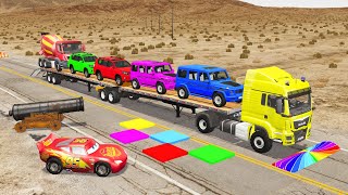 Flatbed Truck McQueen | Transportation with Truck - Pothole vs Car #75| BeamNG.Drive Gameplay