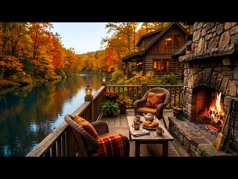 Quiet Autumn Creek 🍃 Birds, Soft Water Flow and Calm Fire Porch Countryside Sounds