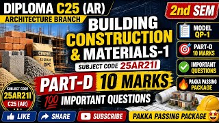 🔥DiplomaC25(AR)Building Construction&amp;Materials-1code 25AR21I Model Question Paper-1part -D 10Marks 💯
