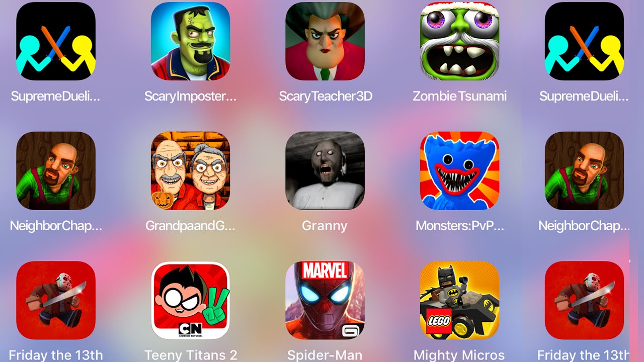 Scary Neighbor,Scary Imposter,Scary Teacher,Grandpa And Granny 3,Friday The 13th,Spiderman Unlimited
