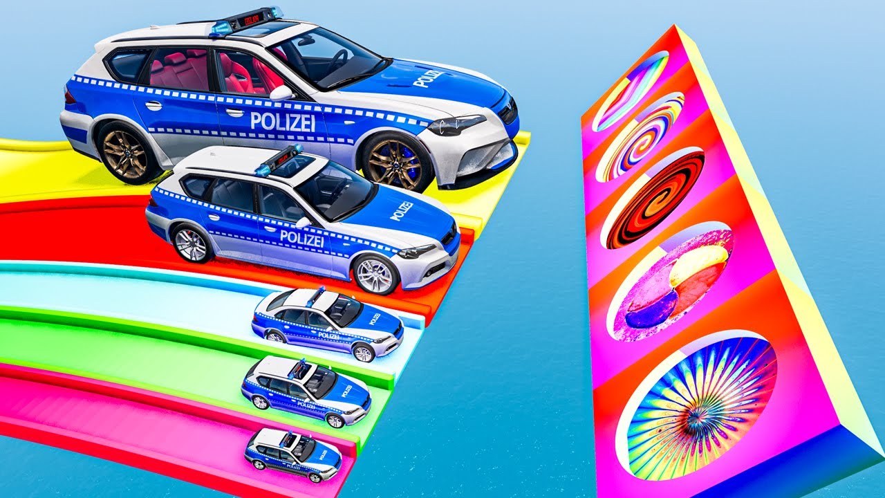 Giant & Small Police Cars vs Portal Trap with Slide Colors – Cars vs Train vs Goons – BeamNG.Drive