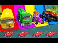 Monster Trucks Potholes Flatbed Long Trailer Truck Car Rescue Bus - Cars vs Deep Water - BeamNG