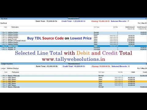 TDL Source Code of Selected Line Total with Debit Credit Total in Day Book Ledger Statement