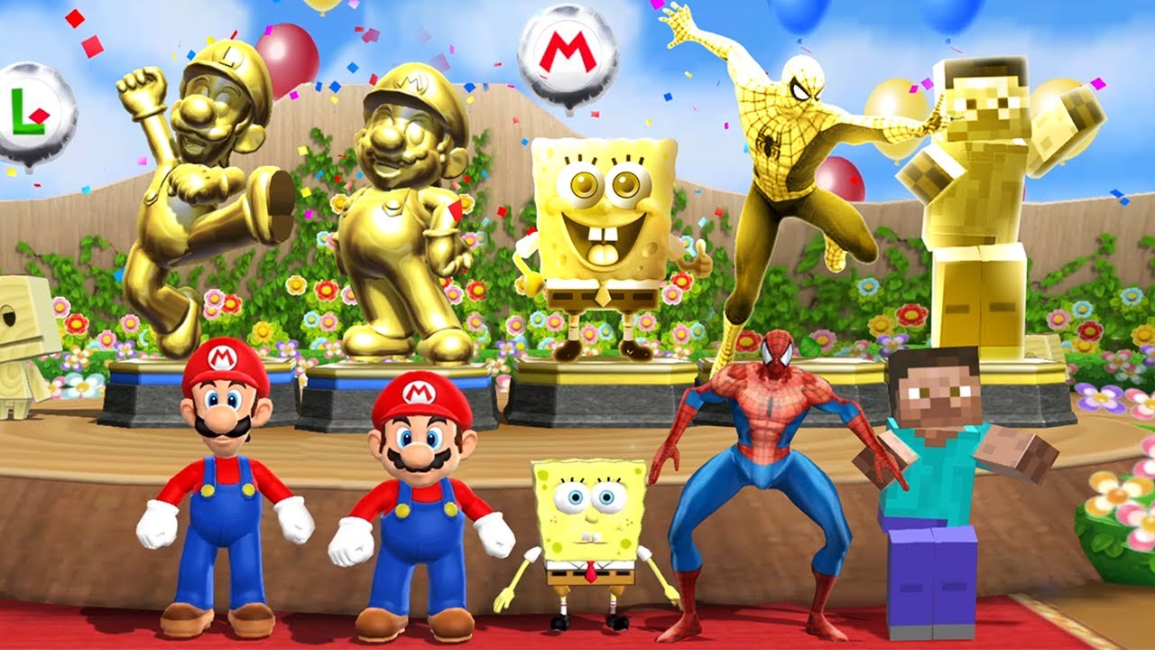 Mario Party 9 Minigames - Steve Vs Mario Vs Spider Man Vs Luigi (Master Difficulty)