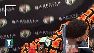 FUNNY Boston Celtics backdrop FALLS on Jayson Tatum DURING press conference