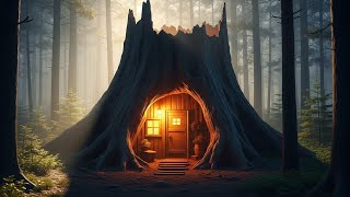 Giant Tree Stump Shelter Build | Silent Forest Survival Cabin 🌲🔥