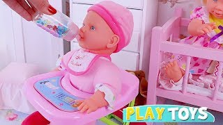 Play Baby Doll Feeding Toys in Pink Doll Bedroom! 