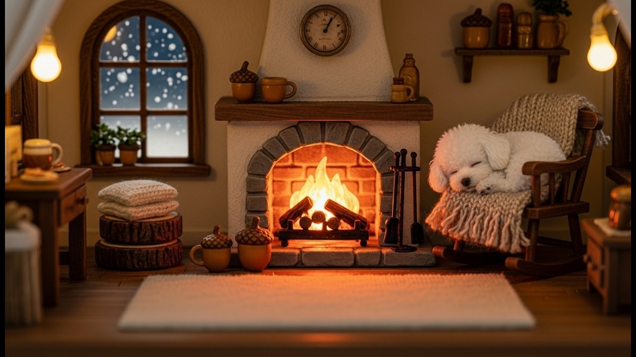 Snowy Window & Cozy Fireplace❄️🔥 | Sleeping Dog in a Rocking Chair 🐶💤