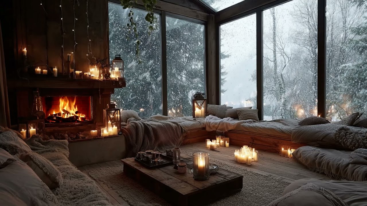 Winter Cabin Fireplace Ambience ❄️🏡 Snowfall & Calm Piano for Productivity & Relaxation