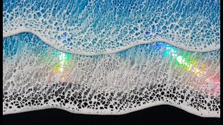 #84. Holographic Beach - Multiple Frothy Resin Waves on a Black Side Table