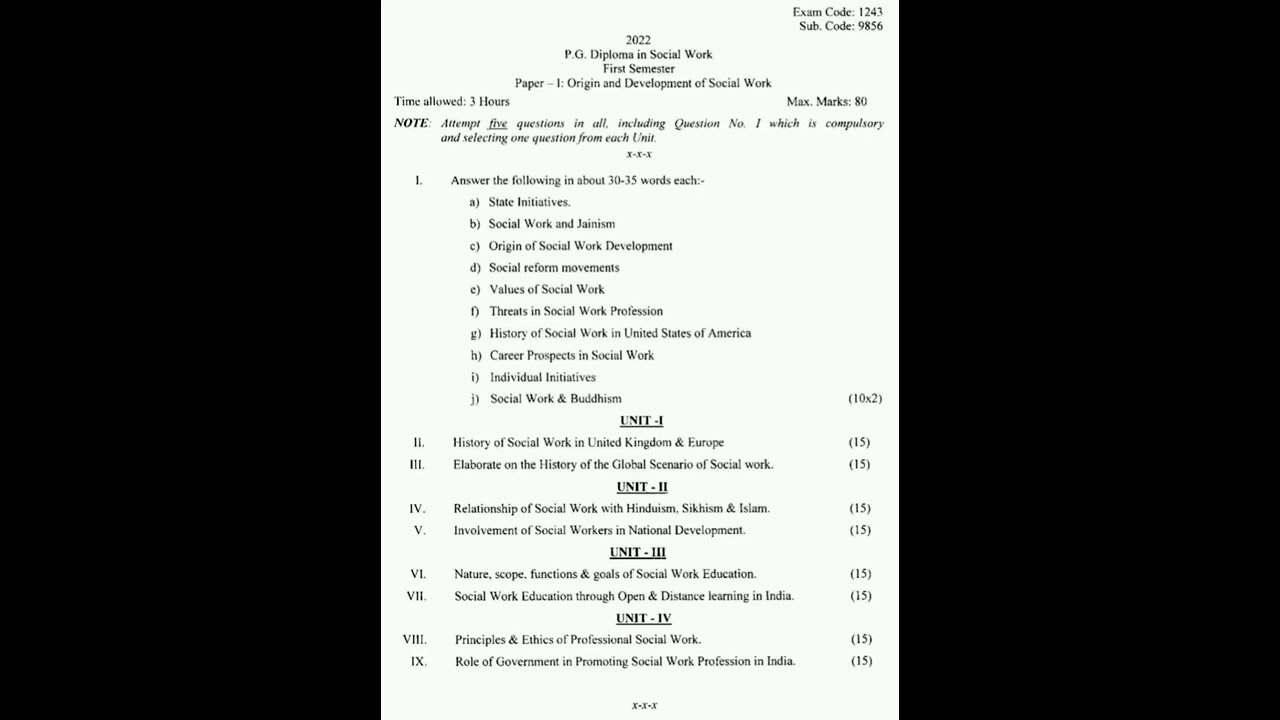 P.G DIPLOMA IN SOCIAL WORK 1ST SEM PAPER-1:ORIGIN &DEVELOPMENT OF SOCIAL WORK PU CHANDIGARH 2022