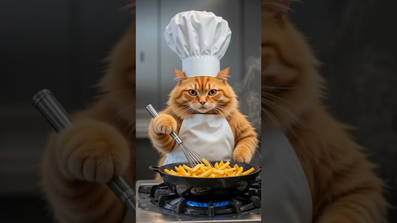 Orange Cat Becomes A French Fry Chef 