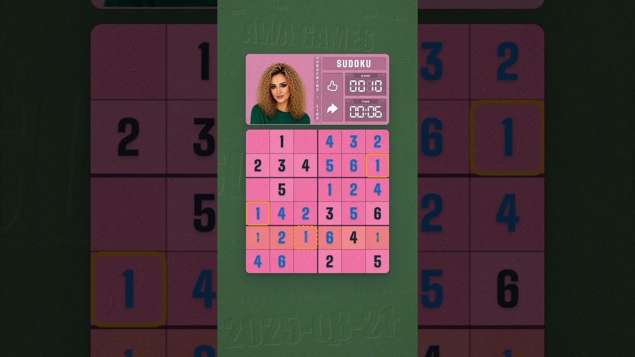 LinkedIn Mini Sudoku #10 solved board for August 21, 2025, 6x6 grid