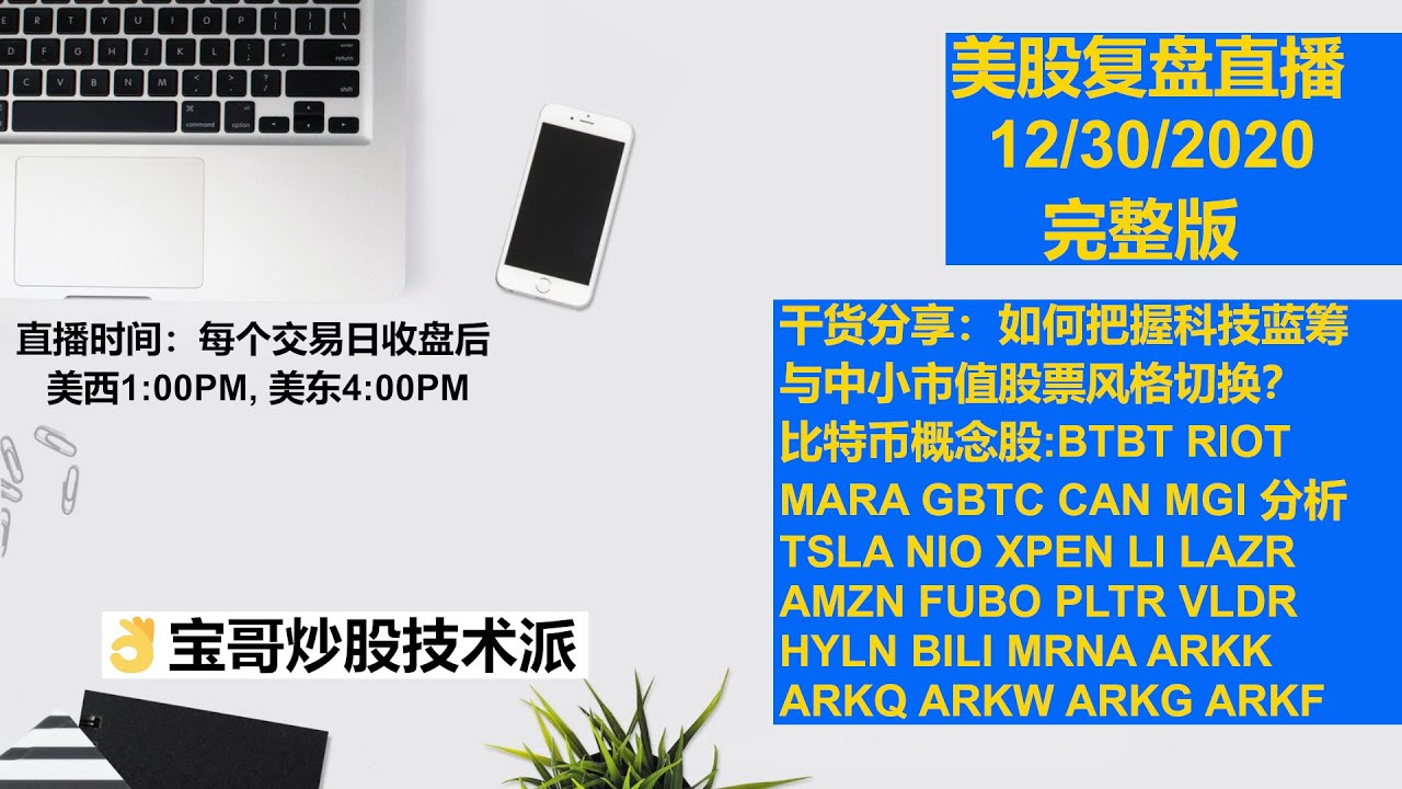 美股复盘直播12/30/2020: 干货分享：如何把握科技蓝筹与中小市值股票风格切换？比特币概念股:BTBT RIOT MARA GBTC CAN  分析 TSLA NIO XPEN LI LAZR