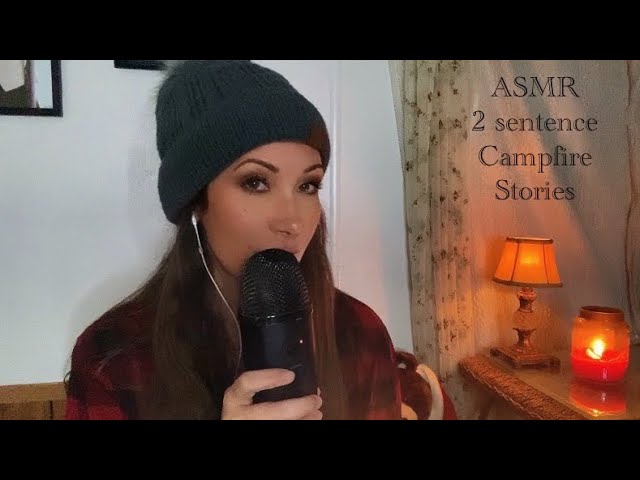 ASMR ~ 2 Sentence Campfire Stories (cozy pajamas, up close whispers, fire crackling , kitty purrs)