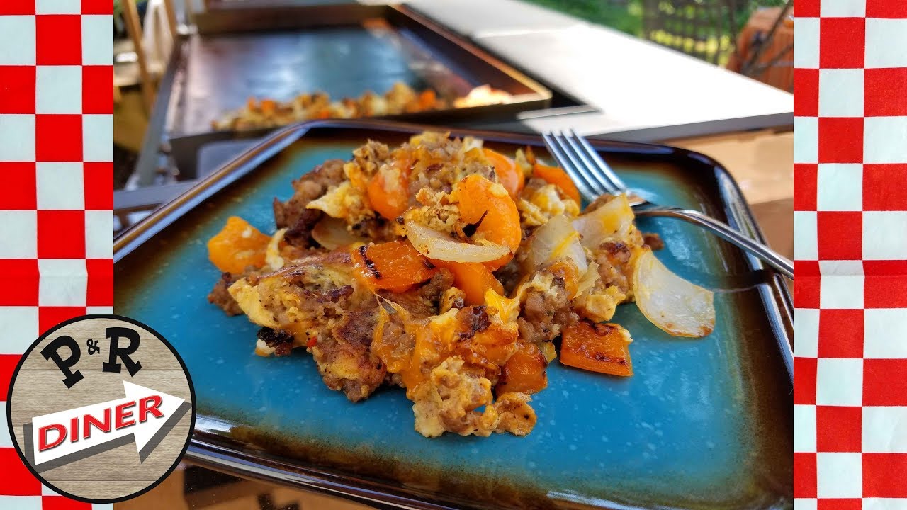 Scrambled Eggs with sausage, onions and peppers on BlackStone Griddle