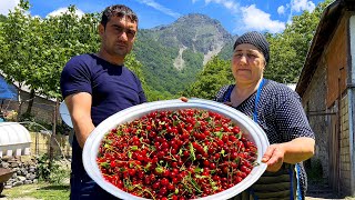 GRANDMA IS COOKING RED SOUR CHERRY JAM, COMPOTE, AND CAKE! KINGHAL DOLMA DISH | VILLAGE