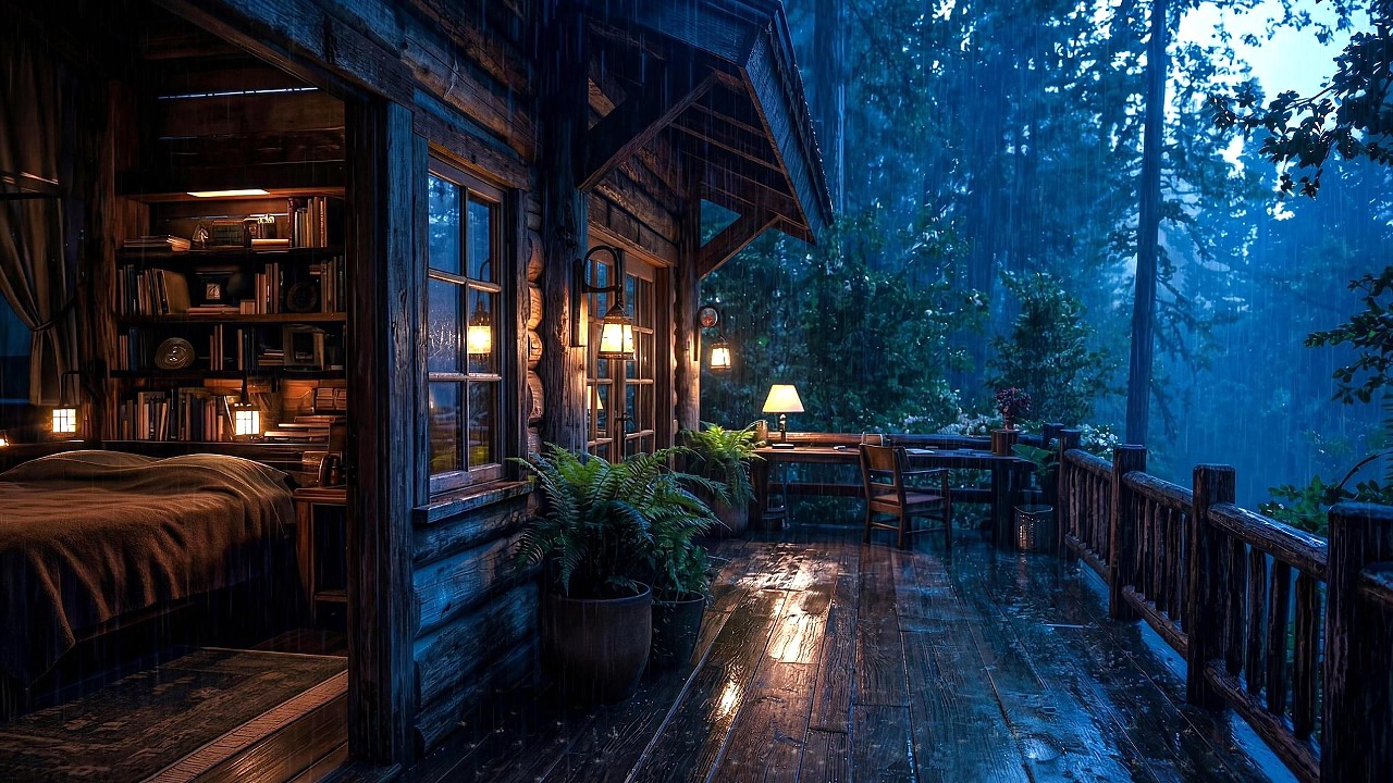 Cozy Forest Cabin in Heavy Rain 🌧️ | Deep Blue Night Ambience 4K for Relaxation