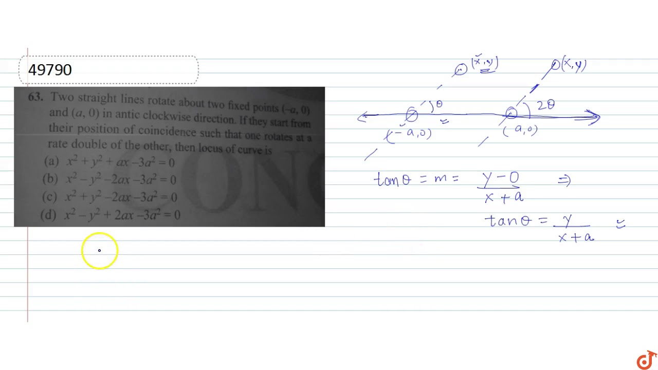 Two straight lines rotate about two fixed points (-a, 0) and (a, 0) in anti clockwise direction...