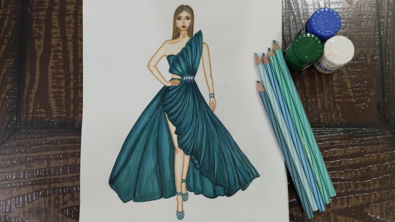 How to draw a girl with Beautiful Dress/Turquoise colour dress drawing/  Fashion Illustration Art
