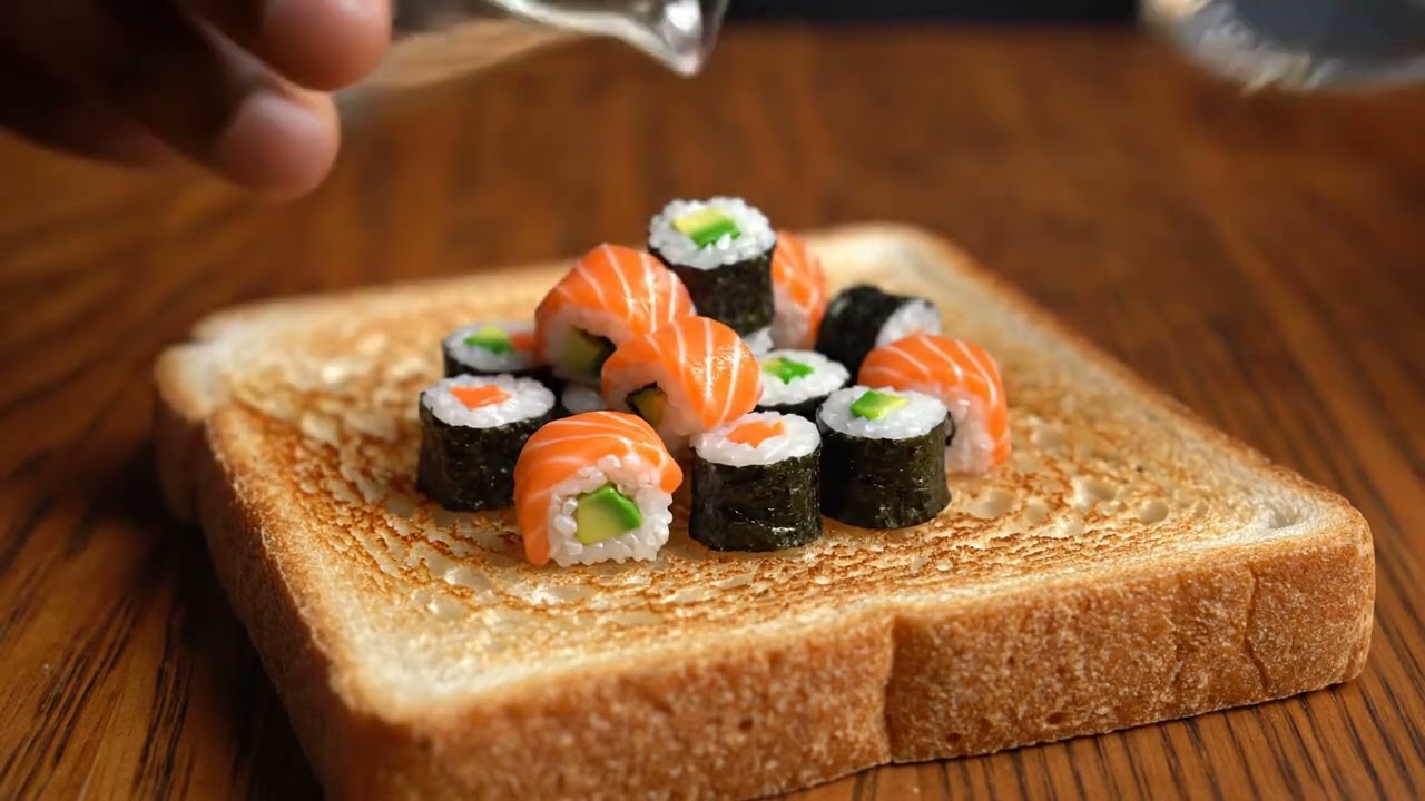 🍞 Tiny Sushi Rolls Melt into Buttery Toast ASMR 🍣