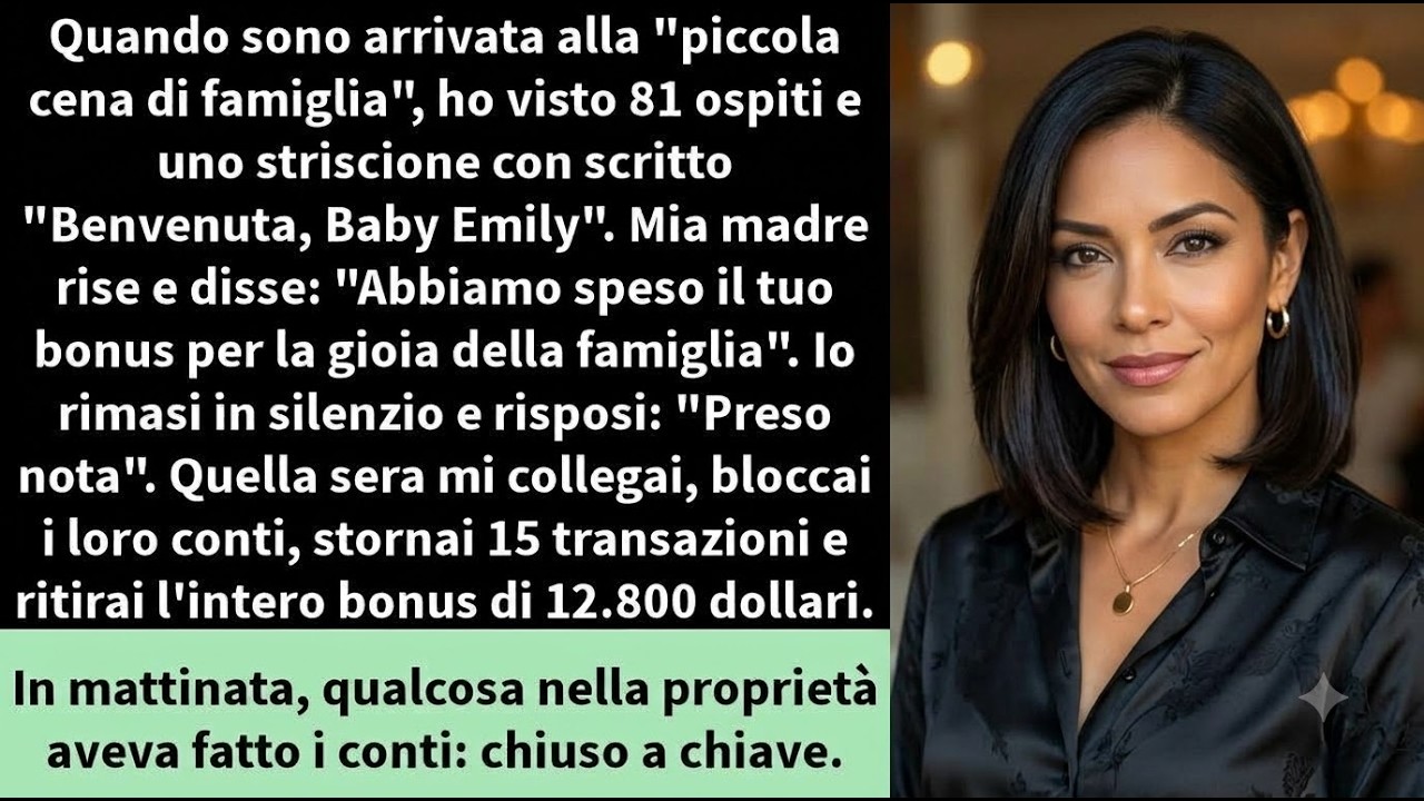 La sera che doveva essere una semplice cena di famiglia si trasformò nell'istante in cui aprii la porta e vidi ottantuno persone, uno striscione rosa che diceva "Benvenuta, Baby Emily" e mia madre...