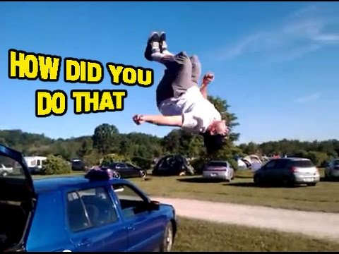 Fat guy does back flip off a Volkswagen Golf for a bottle of beer - YouTube