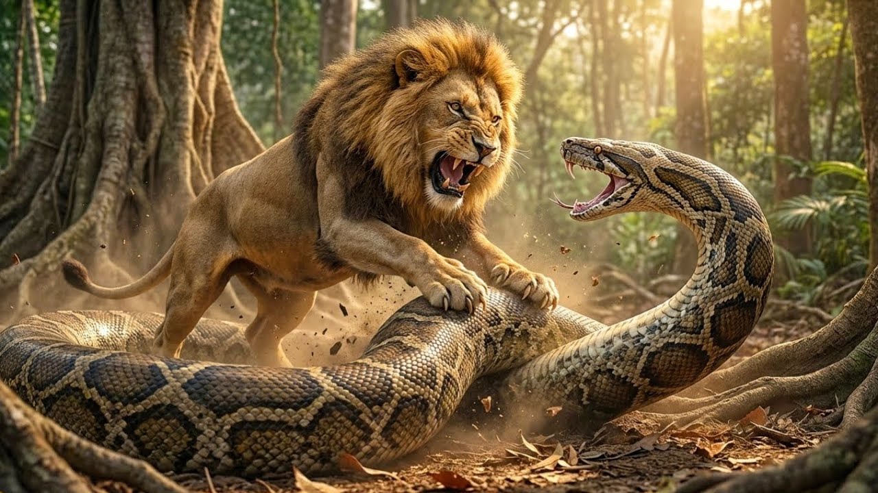 The Giant Hominid vs Ancient Python | A Lone Lion’s Brave Rescue in the Prehistoric Savanna