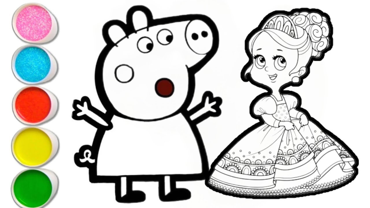 Drawing Princess Papi Peppa pig with princess drawing and coloring for kids and toddlers ...