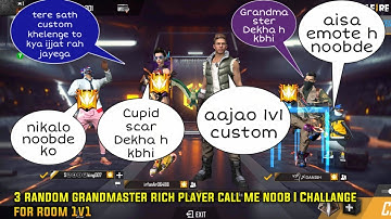 random 3 grandmaster rich squad call noob and I challange for room 1v1 | garena free fire noob prank