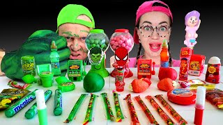 ASMR Mukbang Candy RED VS GREEN Superhero PARTY 레드 그린 푸드 챌린지 Color food by Pelmen