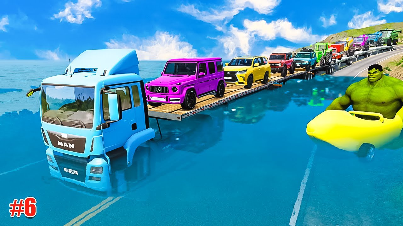 Quadruple Flatbed Trailer McQueen | Transportation with truck - Pothole vs Cars #6 | BeamNG.Drive