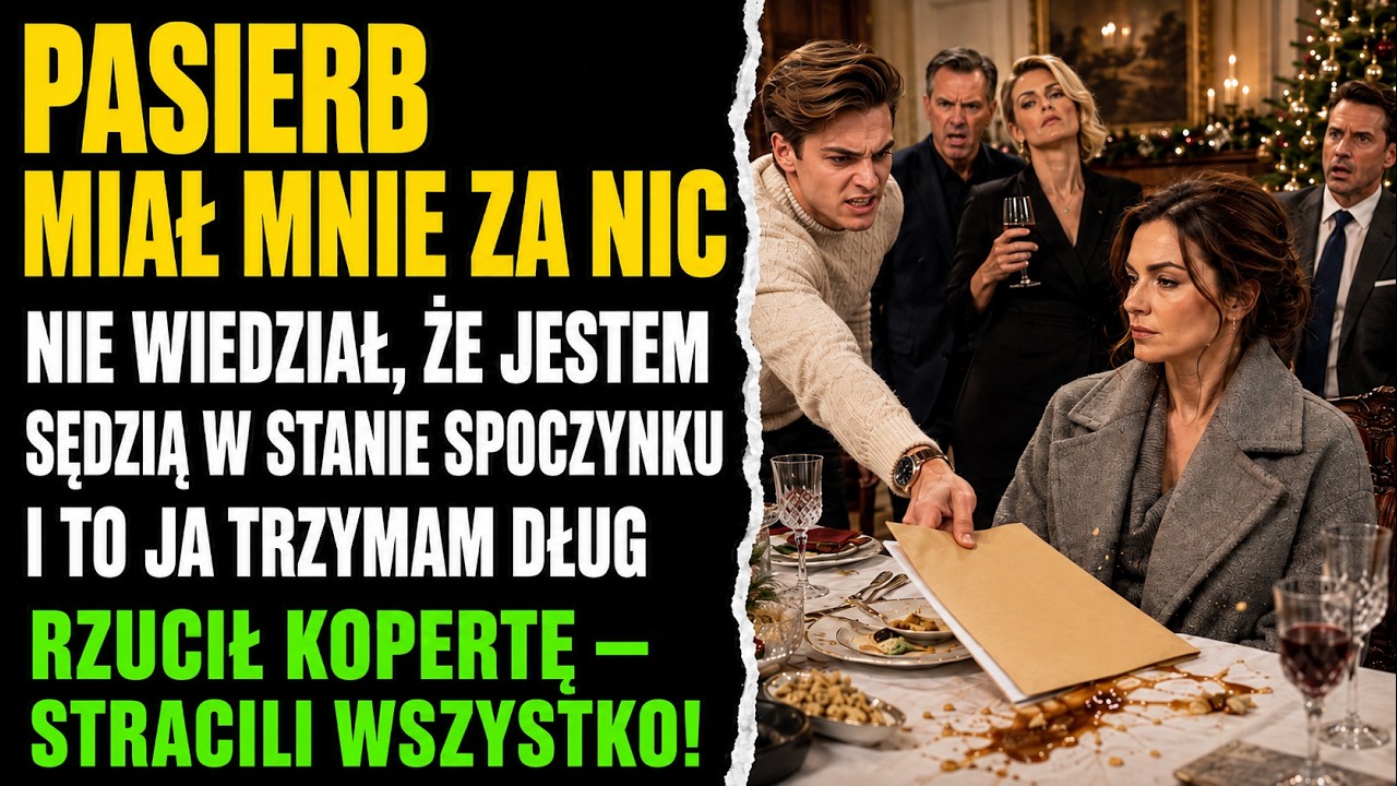 Usiadłam do wigilijnej kolacji w starym płaszczu z lumpeksu, celowo udając spłukaną żonę na utrzymaniu. Mój pasierb rzucił mi na talerz umowę majątkową i powiedział: „Podpisujesz te papiery,...