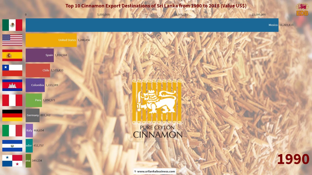 Top 10 Ceylon Cinnamon Products Export Markets for Sri Lanka from 1990