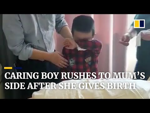 Caring boy in China rushes to mum’s side after she gives birth