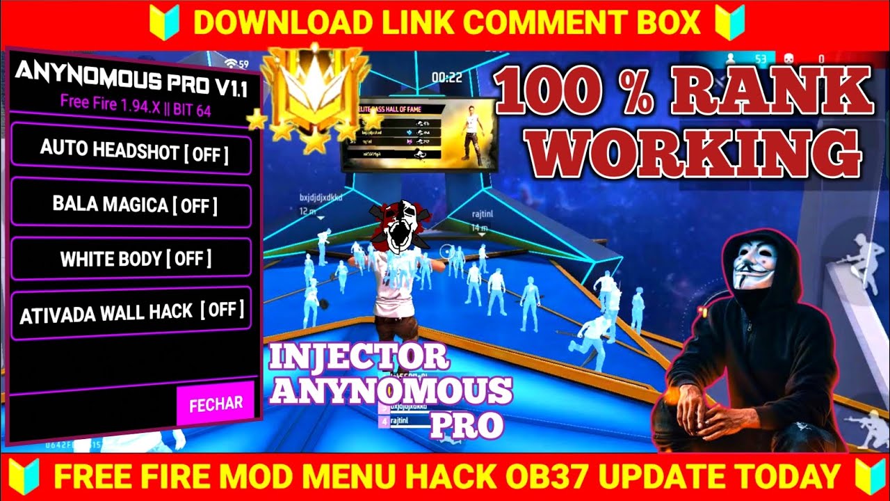 FREE FIRE RANK WORKING INJECTOR ANYNOMOUS PRO OB37, 100 RANK WORKING