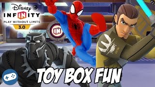 Disney Infinity 3.0 Black Panther Spiderman and Kanan Jarrus Toy Box Fun Gameplay with Owen and Liam. We have some more 