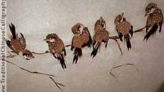 Eight Lucky Chinese Sparrows for 2009; Chinese Bird and Flower Painting. Yang O-shi inspired.
