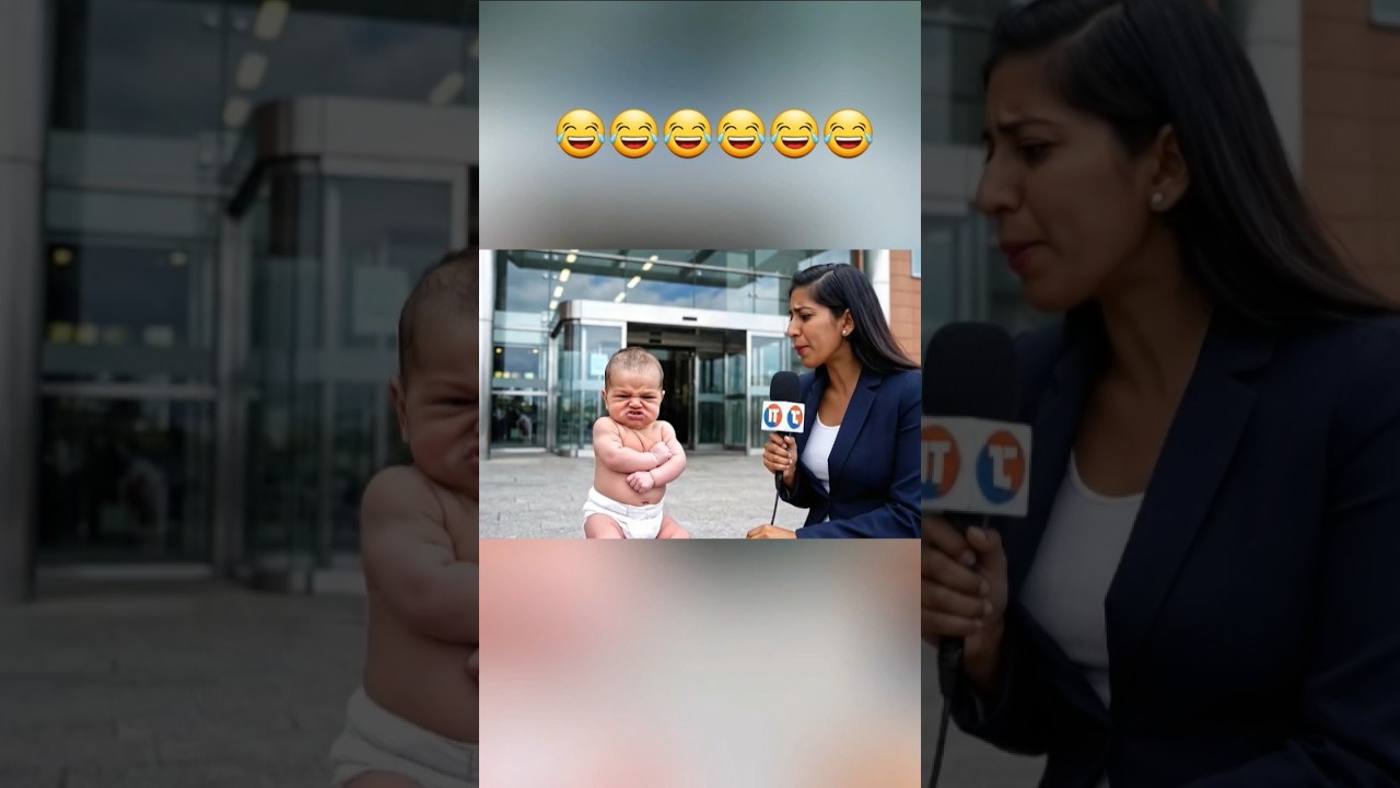 Divertido bebé enojado reaccionando a la reportera 
