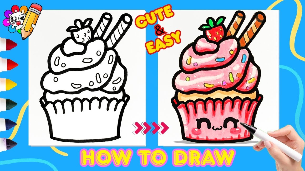 How To Draw Funny Cupcake | Strawberry Cupcake Drawing Easy