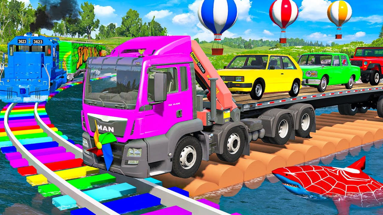 Funny Cars vs Monster Truck Rescue Flatbed Trailer – Slide Color vs Deep Water | BeamNG Drive