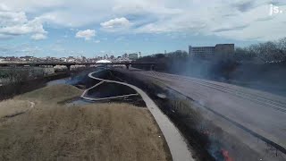 Drone view of a controlled burn in the Menomonee Valley
