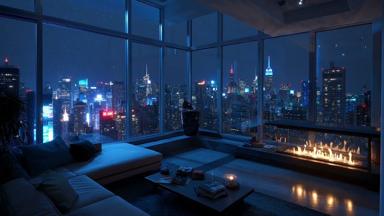Lofi Cozy Space |  Penthouse City View & Fireplace 🌃 Chill Beats to Study,  Sleep, or Relaxation