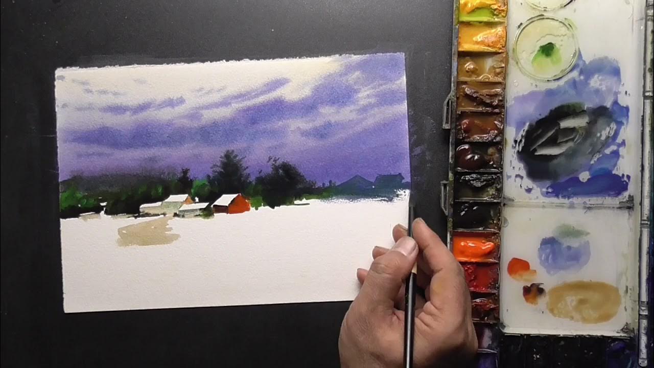 How to paint landscape in watercolor painting demo by javid tabatabaei