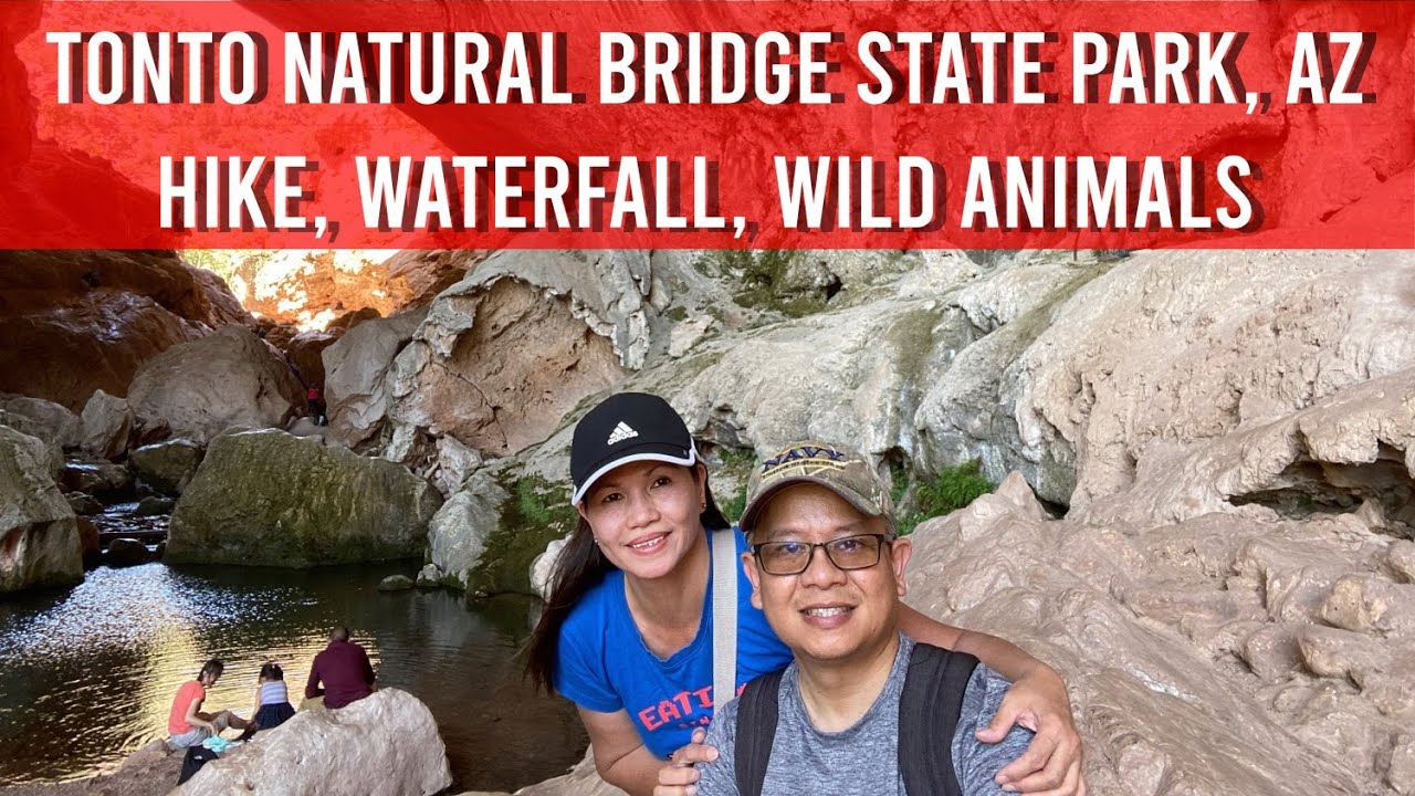 Hike, waterfall and wild animals at Tonto Natural Bridge State Park, Gowan Trail, Arizona.