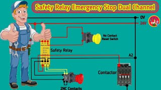 The dual channel emergency stop safety relay connection.